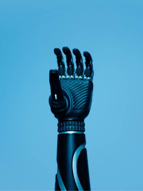 Futuristic robotic hand symbolizing technology and innovation.