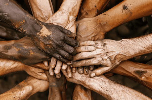 Diverse hands joined together symbolizing unity and teamwork.