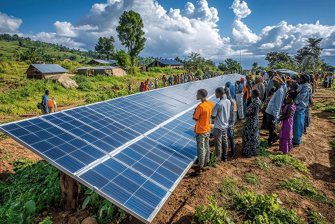 Community gathers around solar panels in rural area for clean energy.