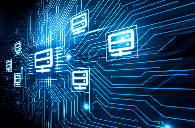 Digital data network with interconnected servers and data flow.