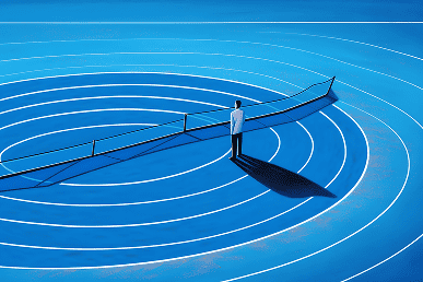 Business professional analyzing data on a digital interface with concentric circles.