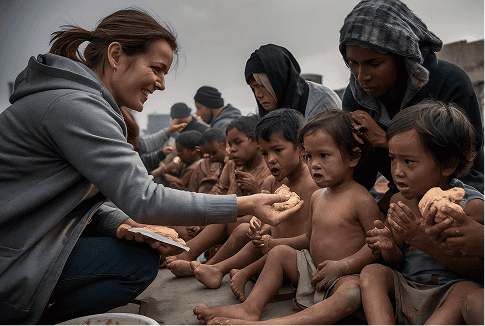 Woman distributing food to children in a humanitarian aid setting.