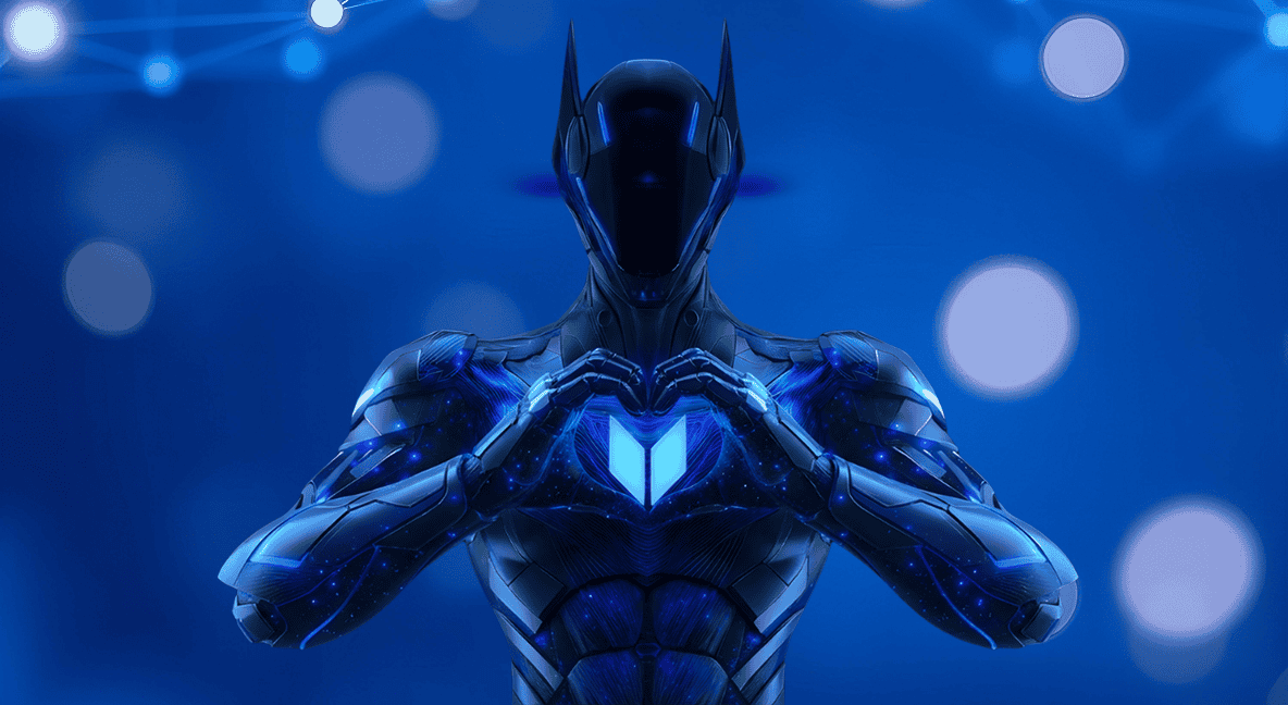 Futuristic robot with glowing blue accents, representing innovation and technology.